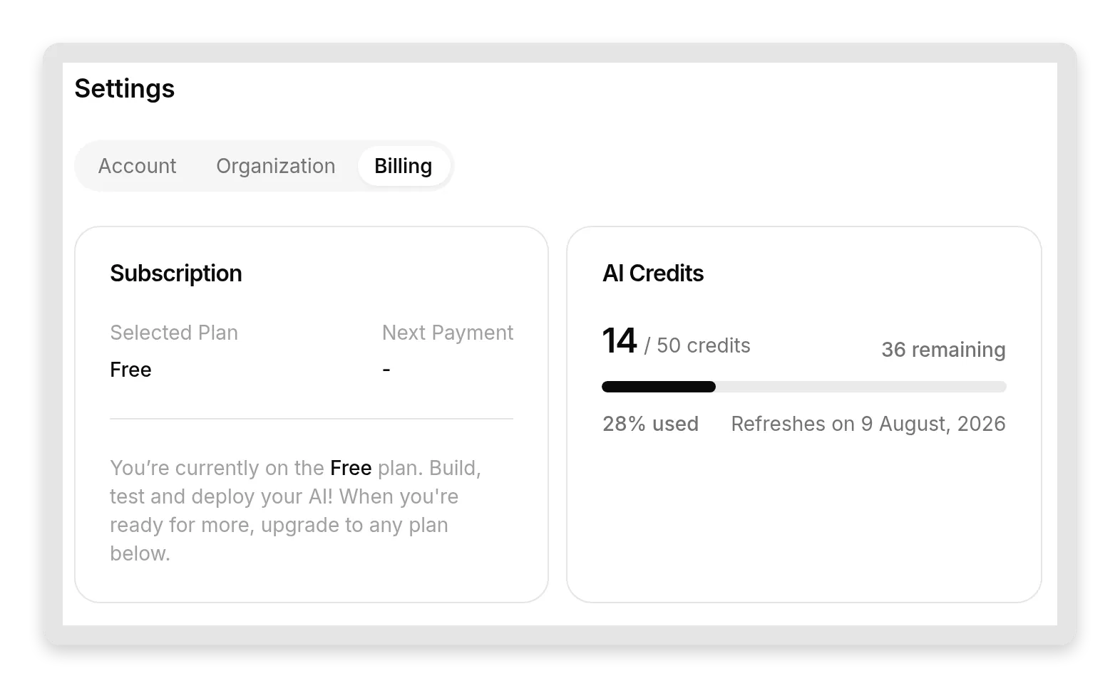 The free plan usage view showing the agent on the Free plan with 14 of 50 monthly AI credits used, including the replies spent while testing the agent