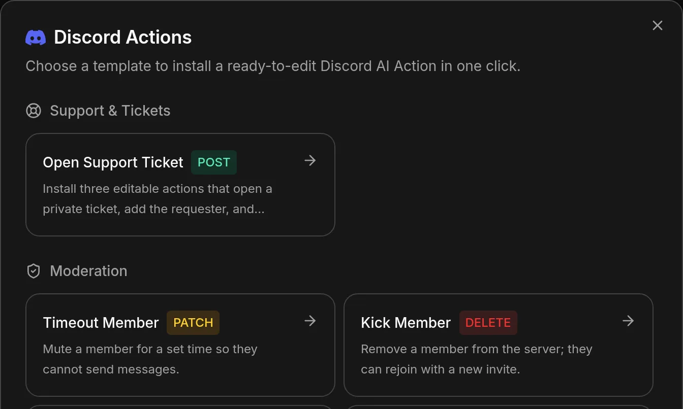 The Discord Actions gallery in Quickchat AI, with the Moderation category holding timeout, kick, ban, unban, assign role, slowmode and announcement templates