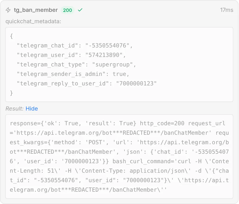The Inbox call log for an admin's ban: tg_ban_member with a 200 status and Telegram's ok:true response