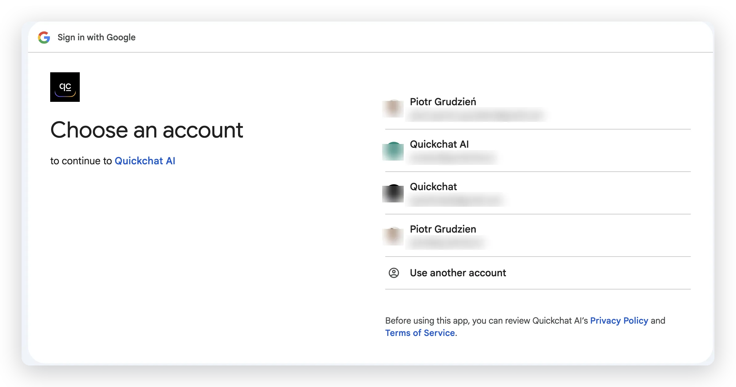 The Google account chooser, asking which account to continue to Quickchat AI with