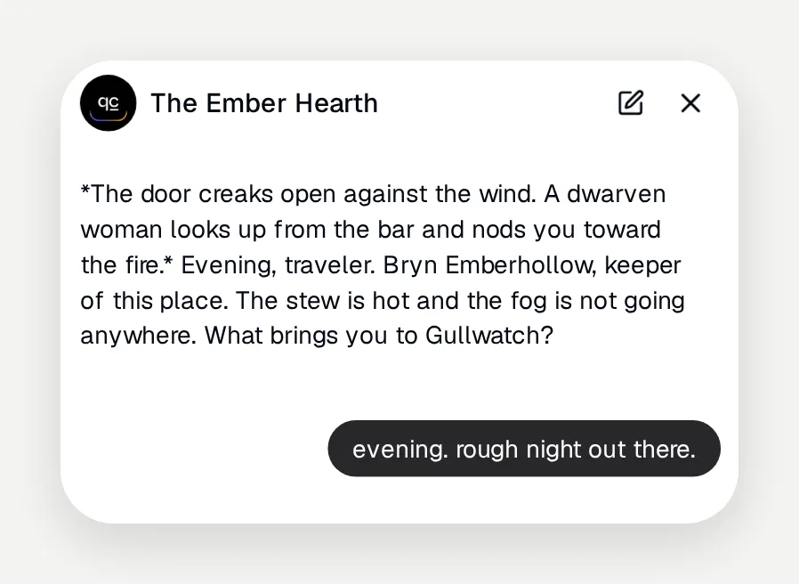 The chat widget titled The Ember Hearth, opening with an in-scene greeting from Bryn