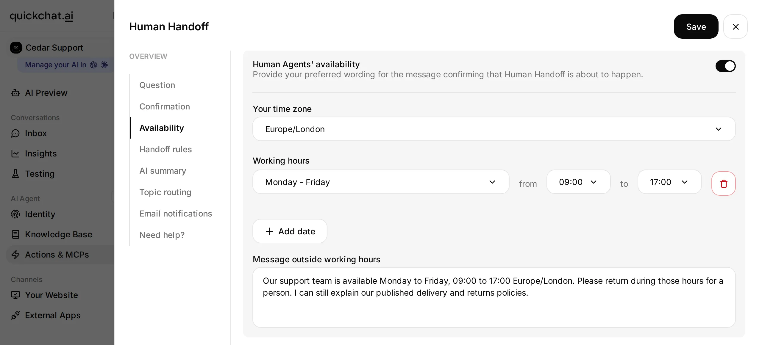 Human Handoff availability settings showing Europe/London, Monday to Friday 09:00 to 17:00 and the outside-hours message