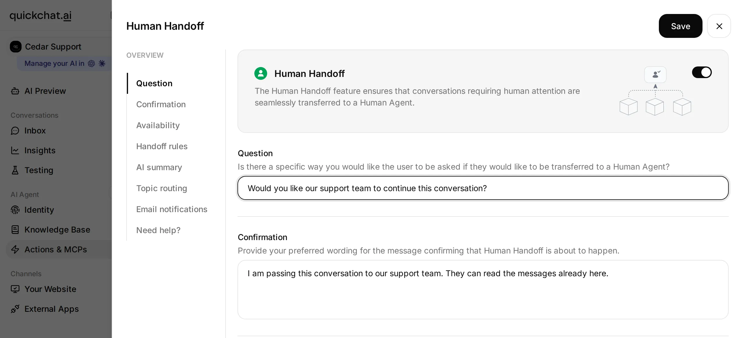 Human Handoff editor with the Question and Confirmation fields filled for Cedar Desk