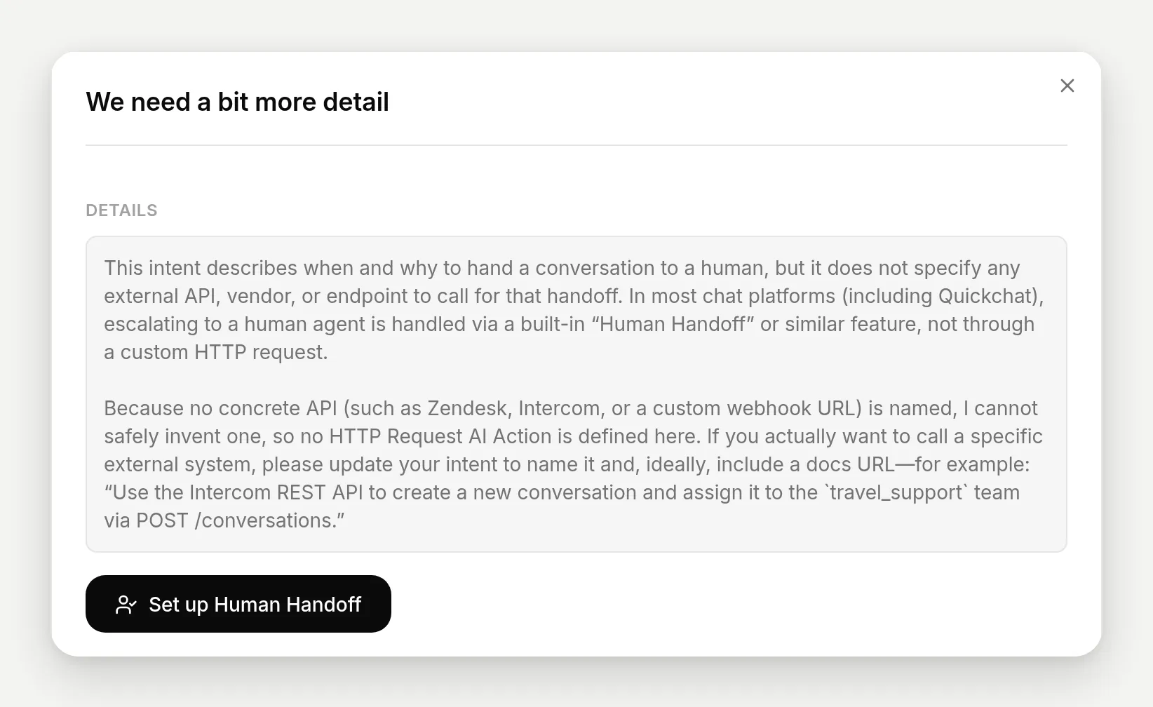 The dialog explaining handoff is a built-in feature, with a Set up Human Handoff button