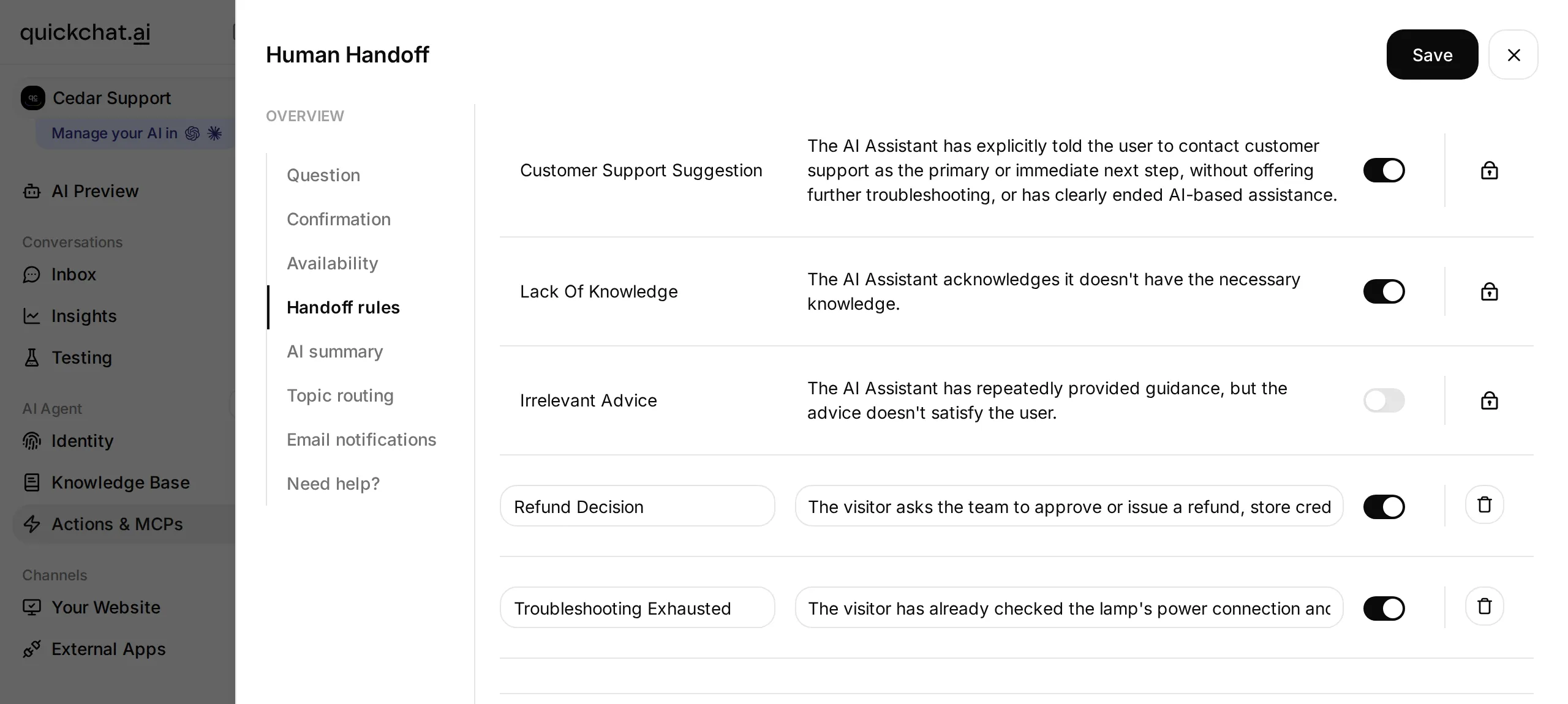 Human Handoff editor with the section menu, Handoff Rules table and Cedar Desk custom rules