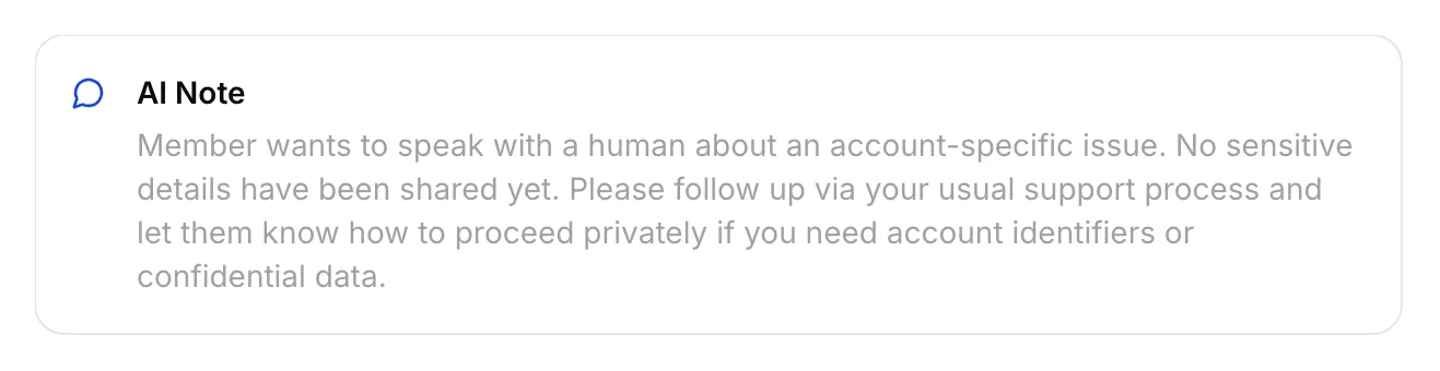 AI Note summarizing the account-specific issue and need for a private support route