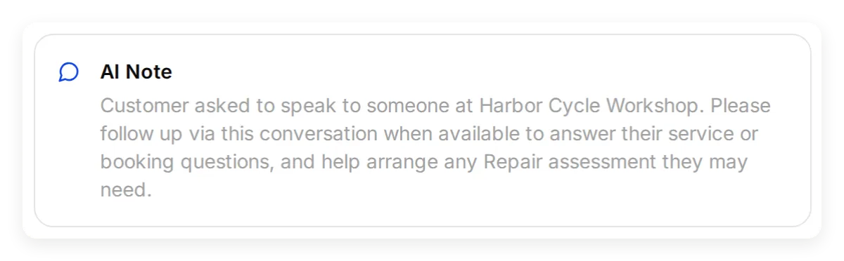 The local Inbox AI Note summarizes a request to speak to Harbor Cycle Workshop staff