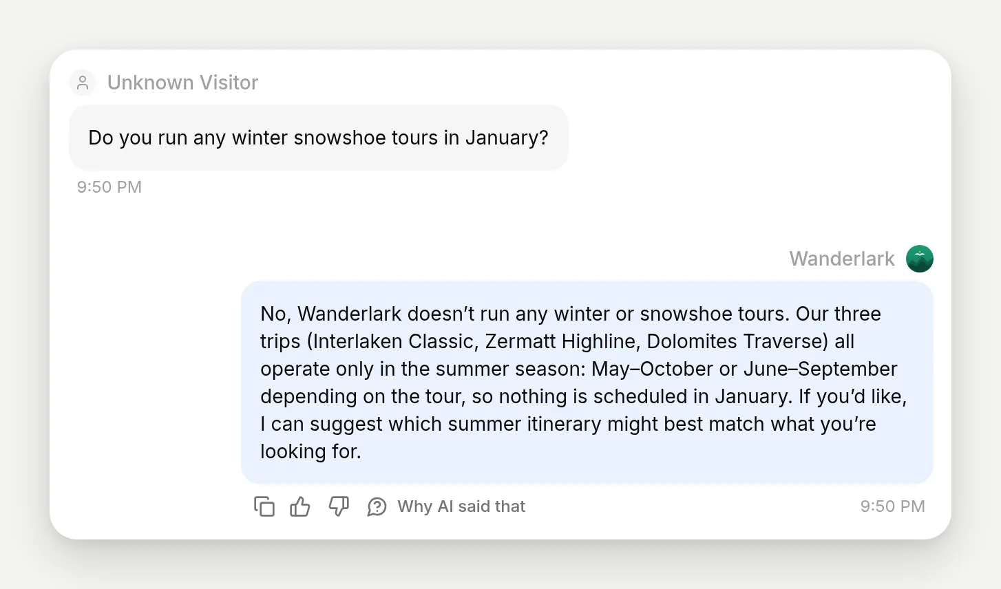 The agent answering honestly that Wanderlark runs no winter tours, offering summer alternatives
