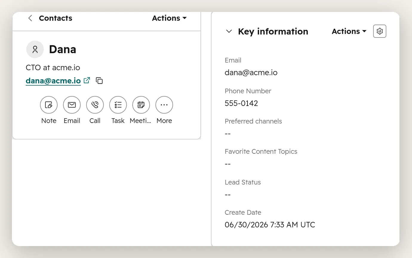 Dana's contact record in HubSpot: the header shows Dana, CTO, with her email, and the Key information panel shows the email, the phone number 555-0142, and the create date