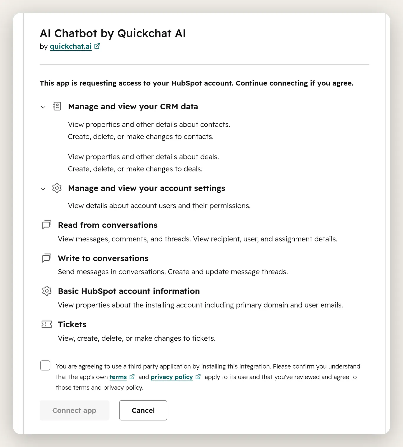 The HubSpot OAuth consent screen showing the contacts, deals, tickets, conversations, and users scopes Quickchat requests