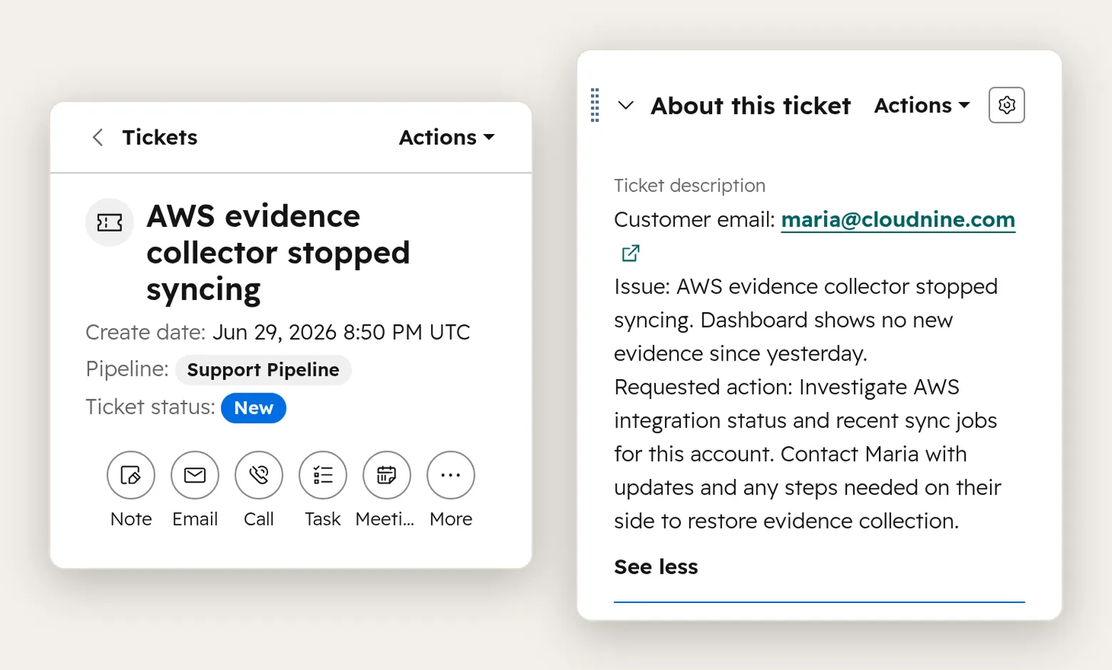 The support ticket the agent opened in HubSpot, with the issue summarized in the subject and the full details in the body