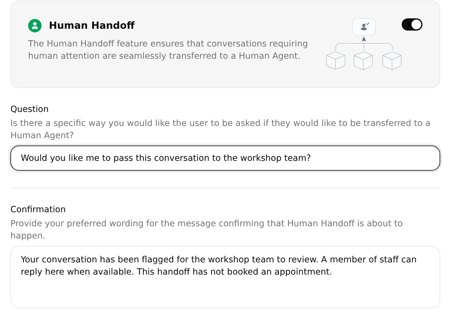 The local Human Handoff settings show the enabled action, workshop question and confirmation wording