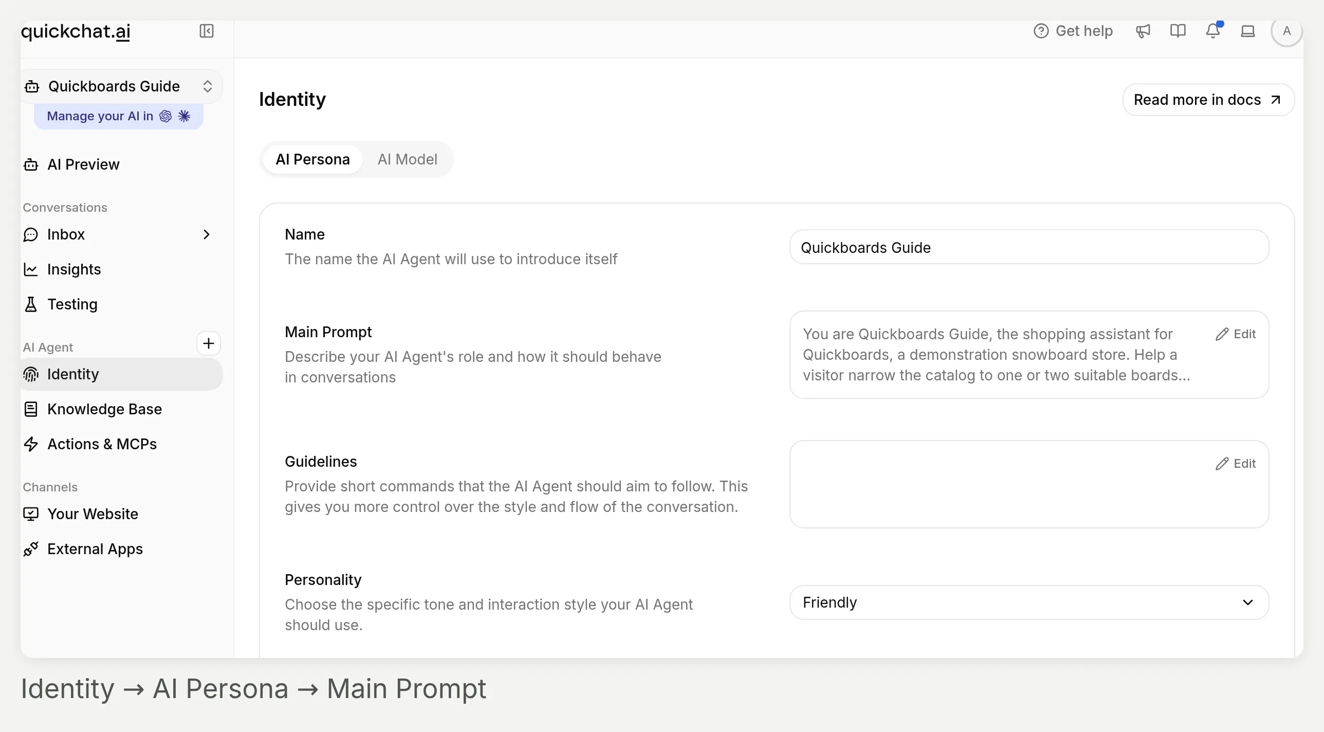 The Quickchat AI App with Identity selected in the sidebar and AI Persona showing the agent name and Main Prompt