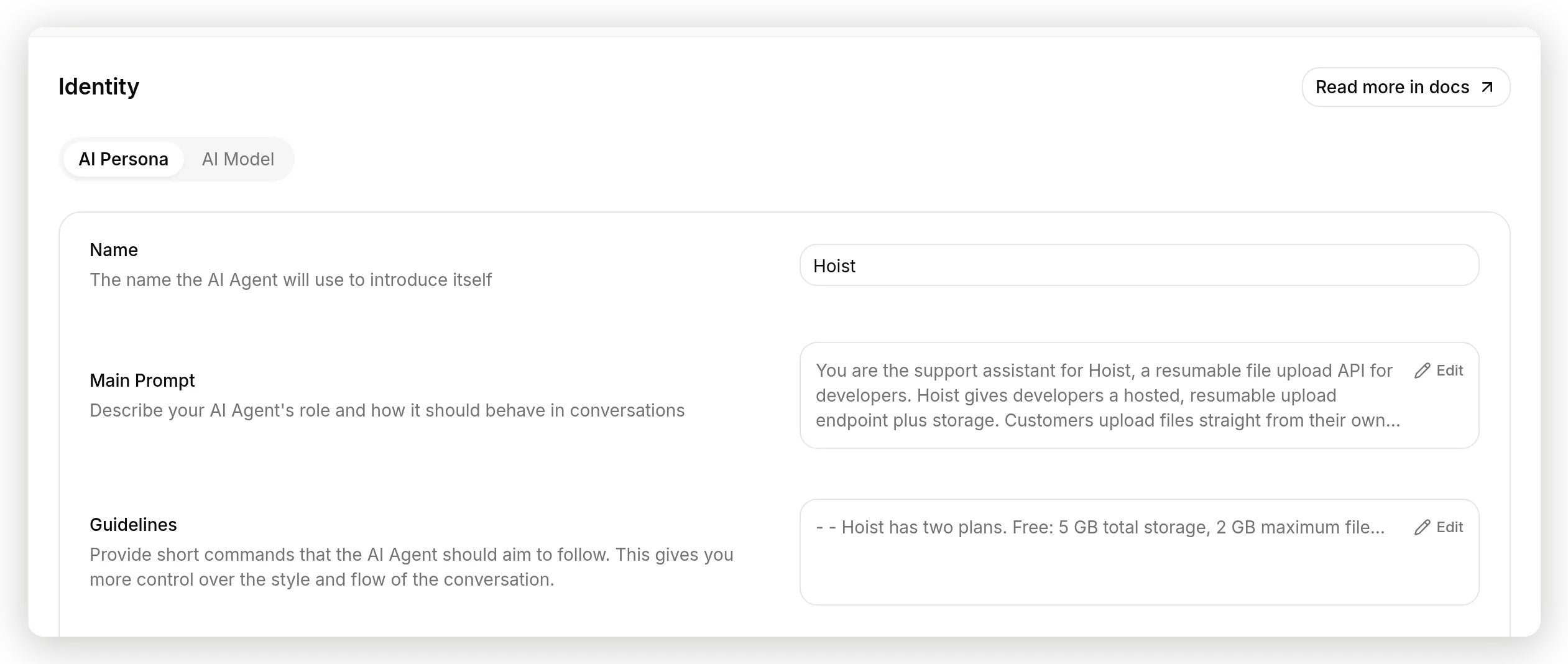 The Identity page: the Agent's name and the AI Main Prompt