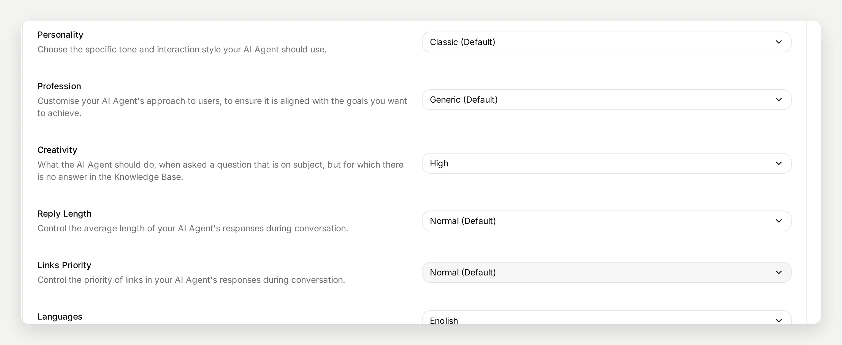 The Personality, Profession, Creativity and Reply Length settings on the Identity page