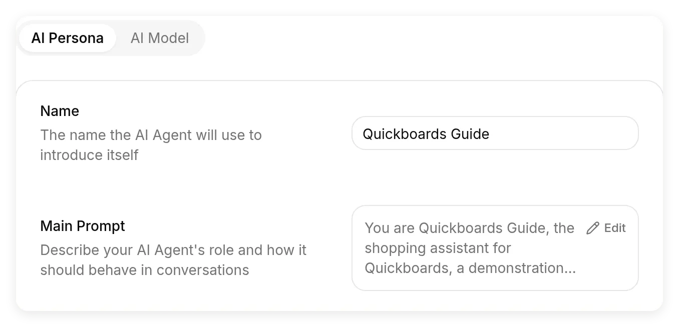 Quickchat AI Identity settings showing Quickboards Guide and the Main Prompt field