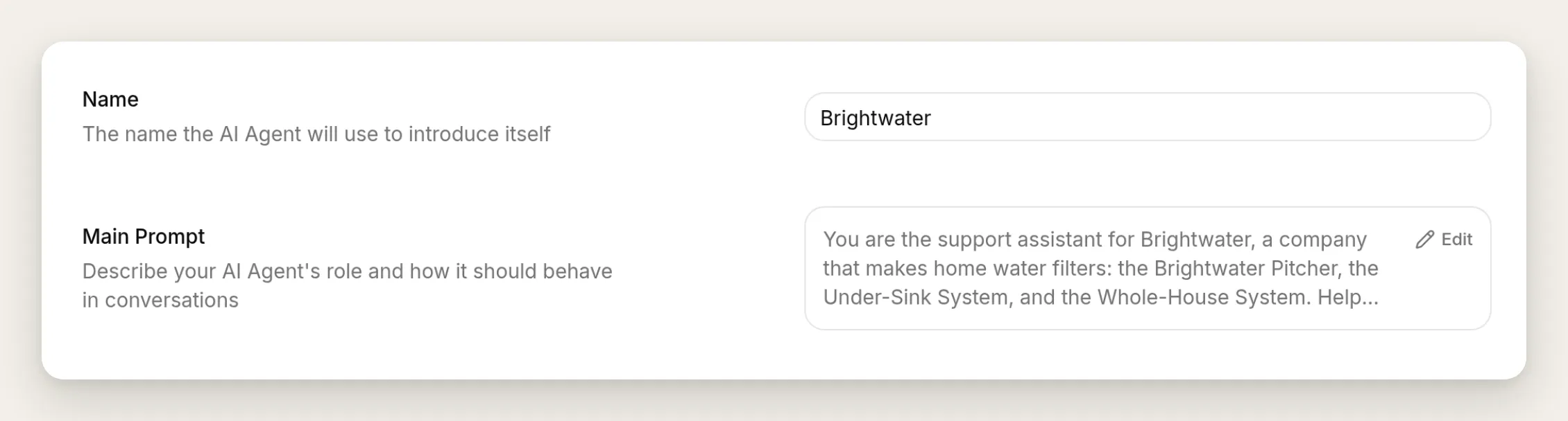 The Name and Main Prompt fields on the Identity page: Name is set to Brightwater and the Main Prompt begins with the support assistant role description