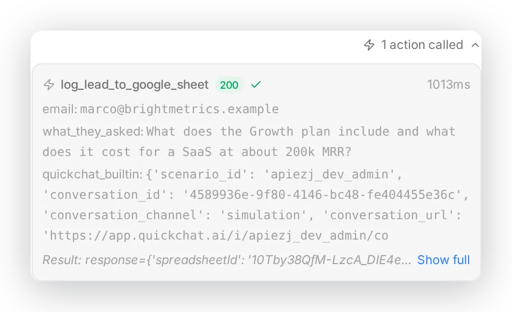 The conversation transcript in the Inbox showing the logged action call with its parameters and a 200 status