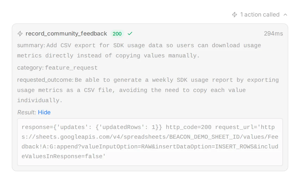 Expanded Inbox Action call showing record_community_feedback, its parameters, HTTP 200 and the returned updatedRows value