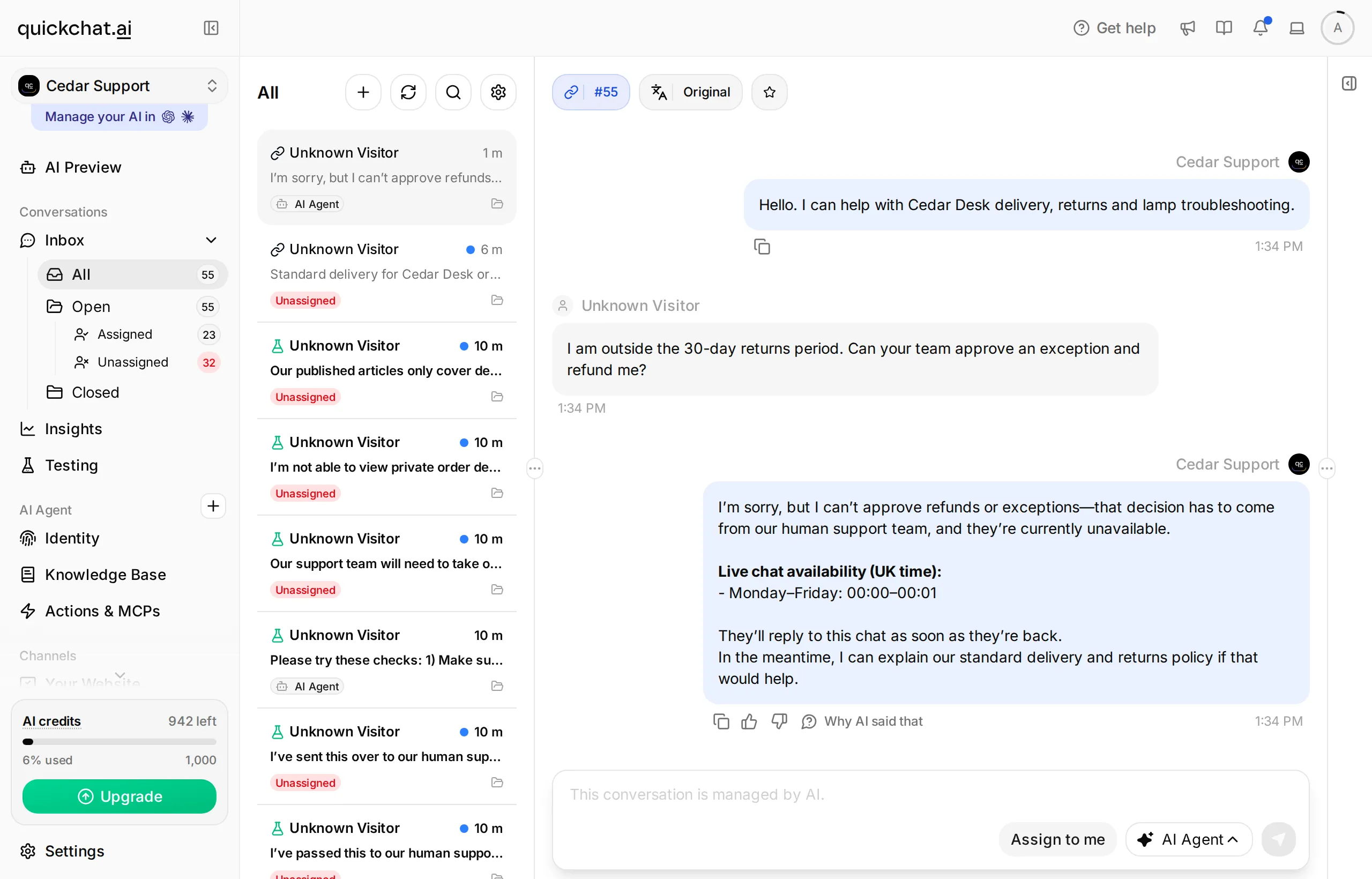 Inbox showing the outside-hours conversation still assigned to AI Agent