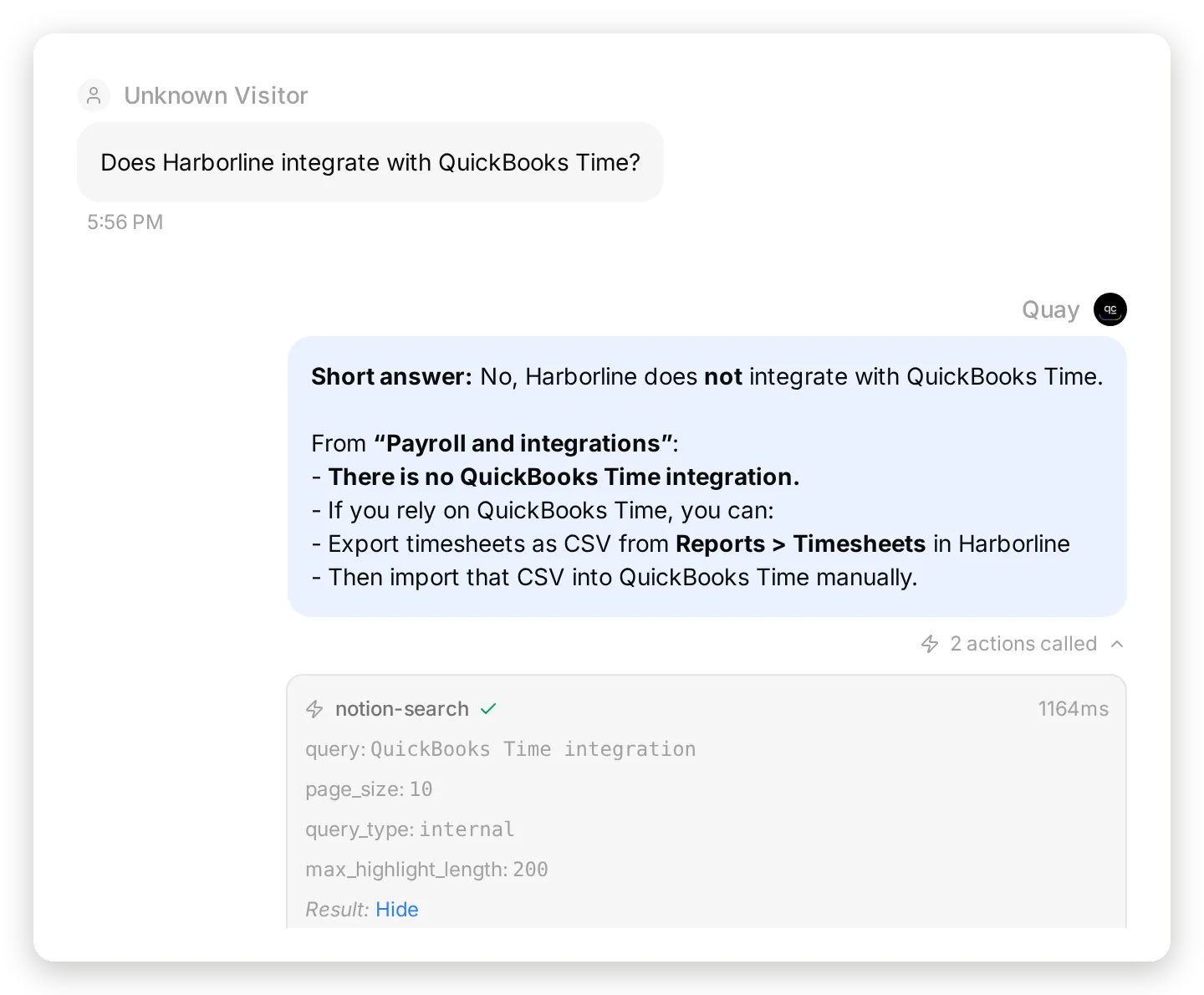 An Inbox conversation: the visitor asks whether Harborline integrates with QuickBooks Time, the agent answers from the Payroll and integrations page, and the call cards below show notion-search with its query and notion-fetch with the page identifier