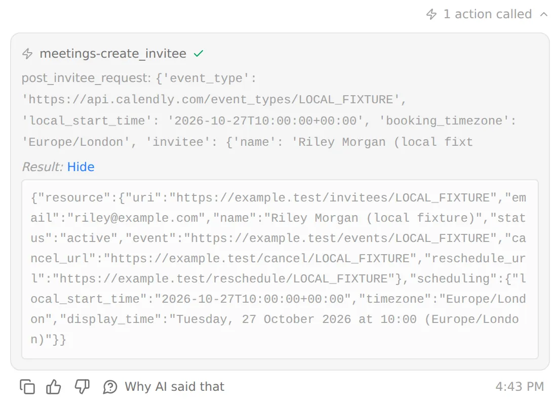 The local Inbox expands a sample booking call to show its tool name, arguments and result