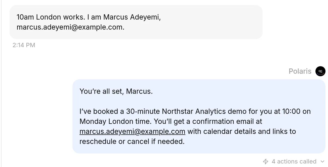 The booking exchange in the Inbox: the visitor gives a time, name and email; Polaris confirms the booking; a marker under the reply reads 4 actions called