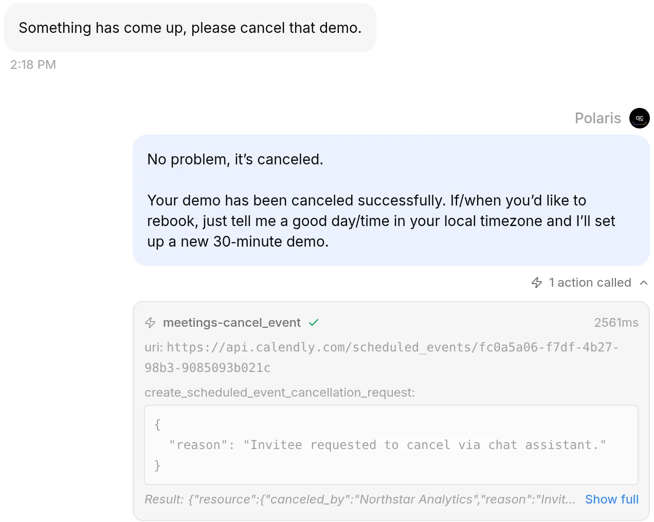 The cancel exchange in the Inbox: the visitor asks to cancel, Polaris confirms, and the expanded action card shows meetings-cancel_event called with the saved event identifier