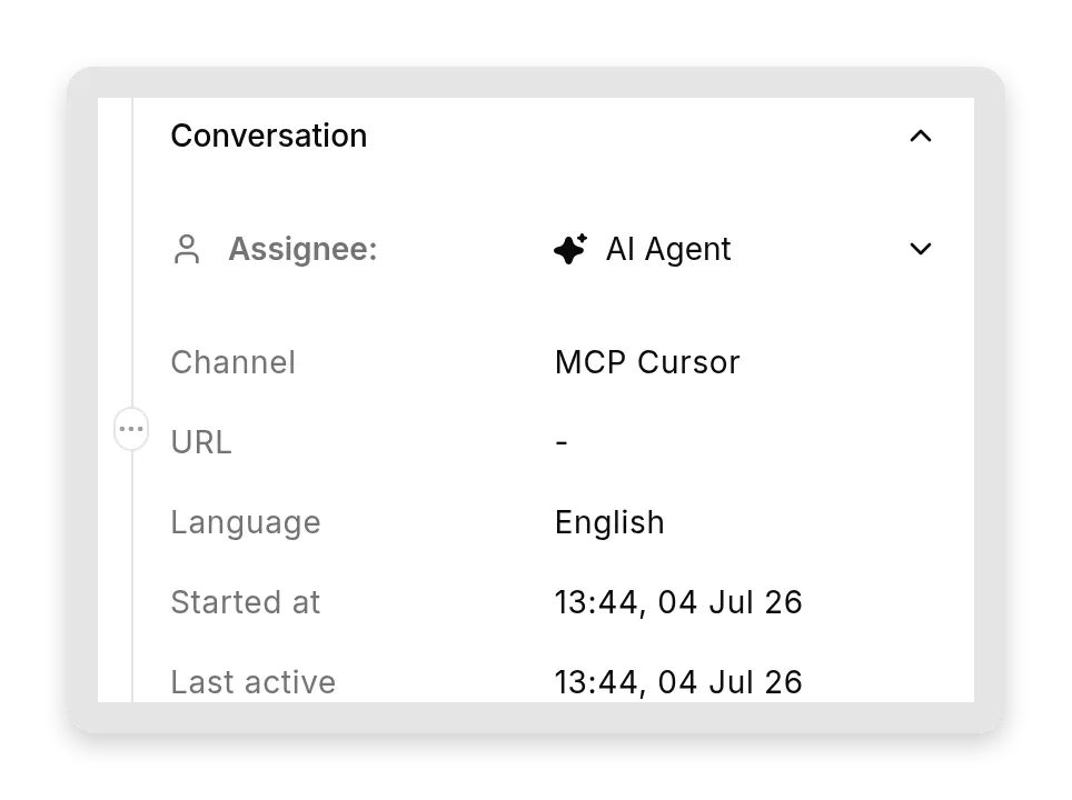 The Details pane of a Cursor-driven MCP conversation, showing the Channel field reading "MCP Cursor" and the conversation assigned to the AI Agent