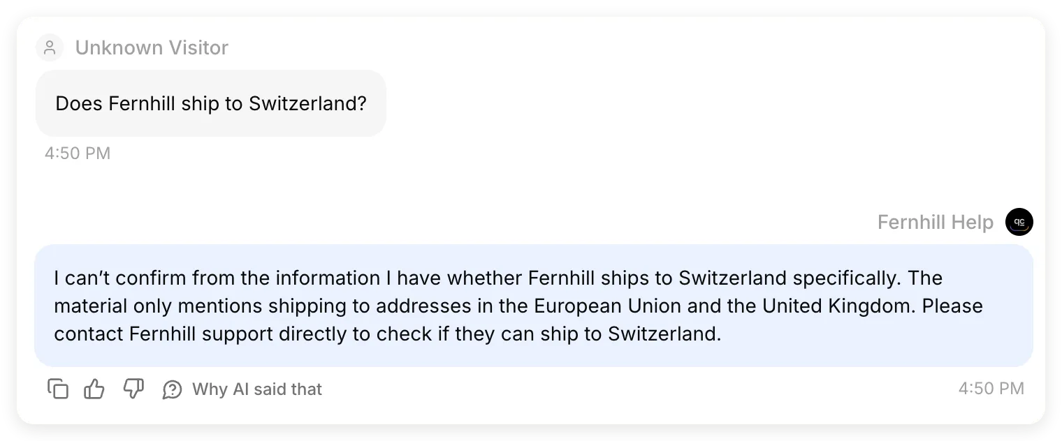 Quickchat AI Inbox showing Claude’s Switzerland question and Fernhill Help saying shipping there is unconfirmed and suggesting contact with support