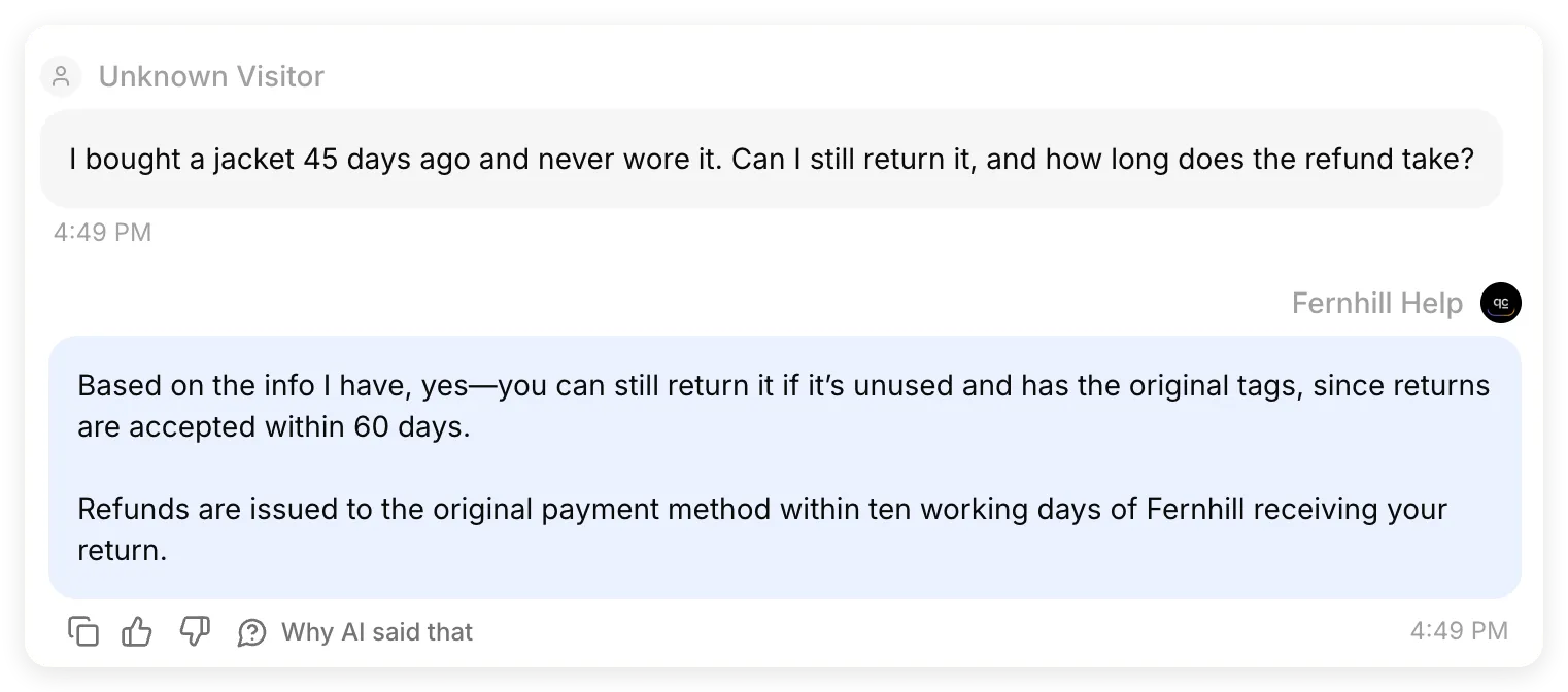Quickchat AI Inbox showing the jacket-return question from Claude and an answer requiring unused items and original tags without specifying attachment