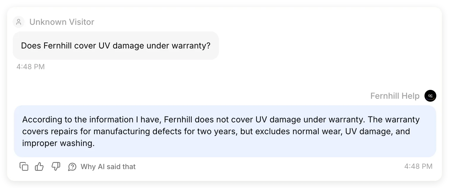 Quickchat AI Inbox showing the UV damage question received from Claude and Fernhill Help’s warranty reply