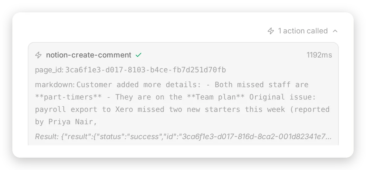 An Inbox call card for notion-create-comment with page_id 3ca6f1e3-d017-8103-b4ce-fb7d251d70fb, the comment markdown beginning Customer added more details, and a success result