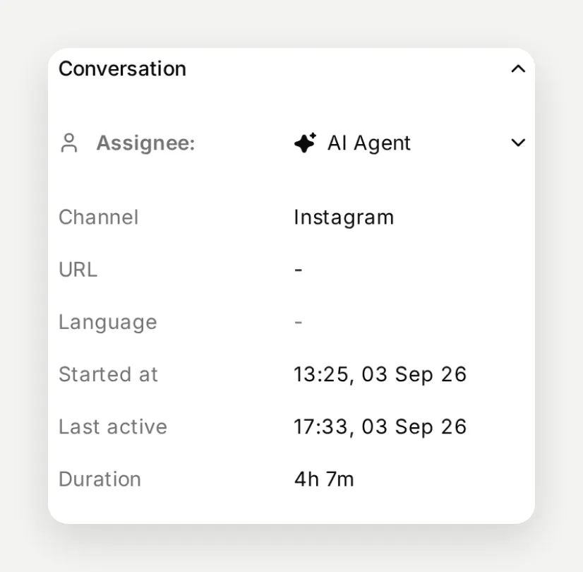 The Inbox details panel showing the conversation assignee set to AI Agent and the channel set to Instagram