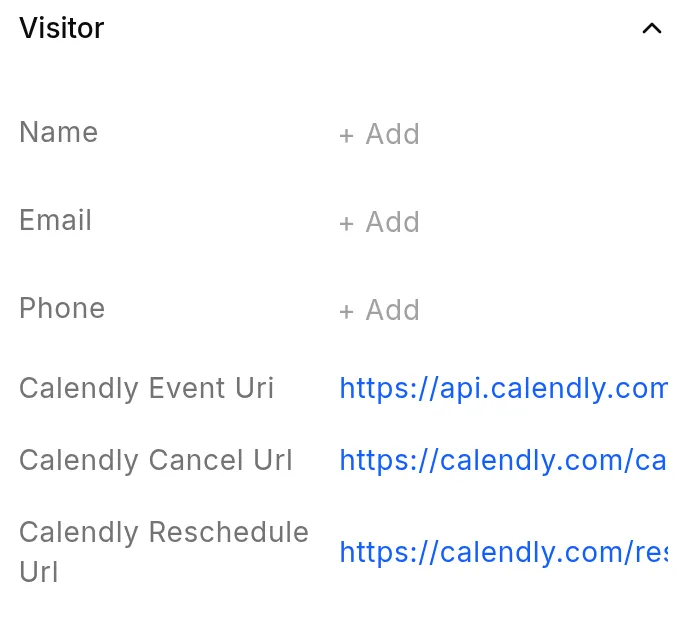 The conversation details panel in the Inbox showing the three saved values as labeled rows: Calendly Event Uri, Calendly Cancel Url and Calendly Reschedule Url