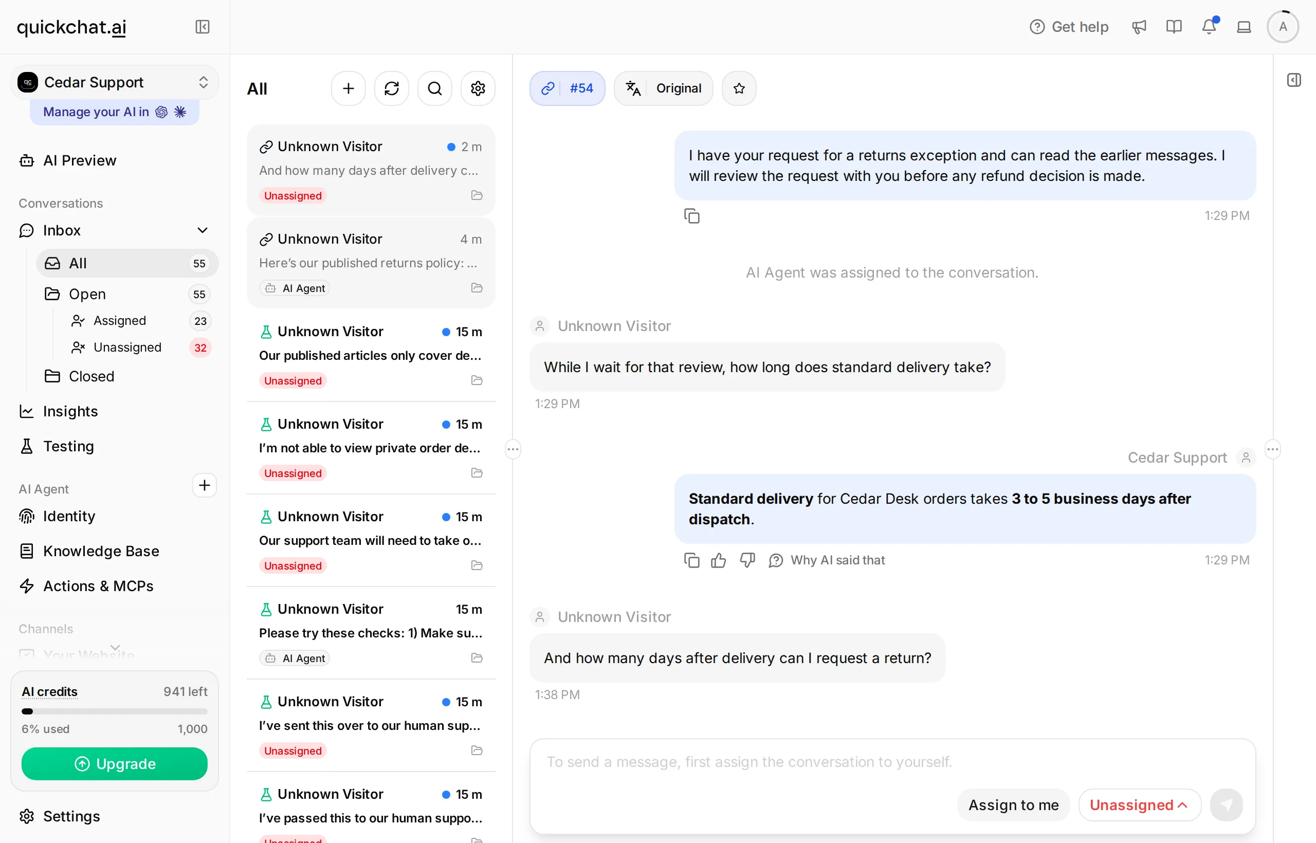 Inbox conversation showing the delivery answer after handback and a return to Unassigned ownership