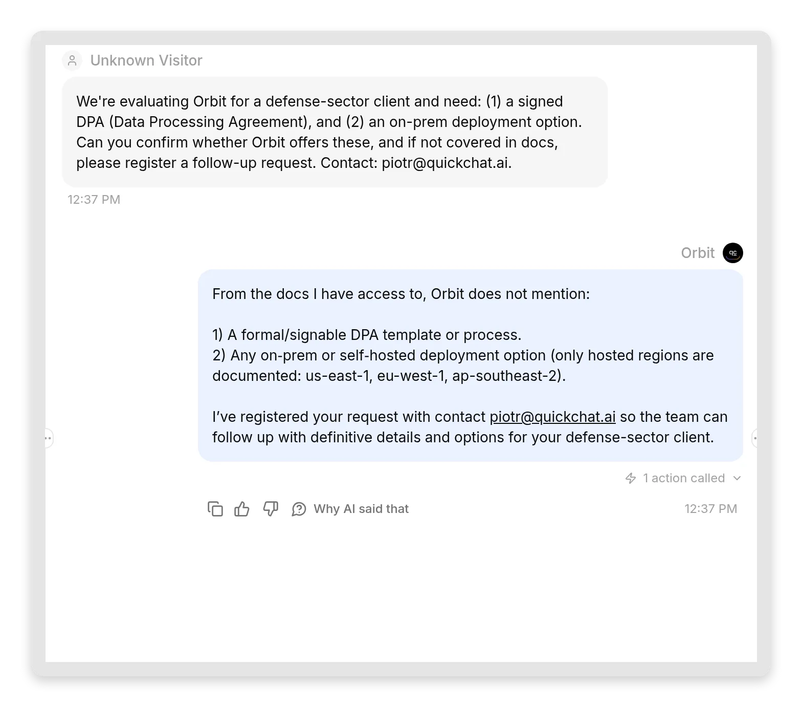 A handoff exchange in the Inbox: the AI-written visitor message about a DPA and on-prem deployment, and the agent's reply flagging a human follow-up
