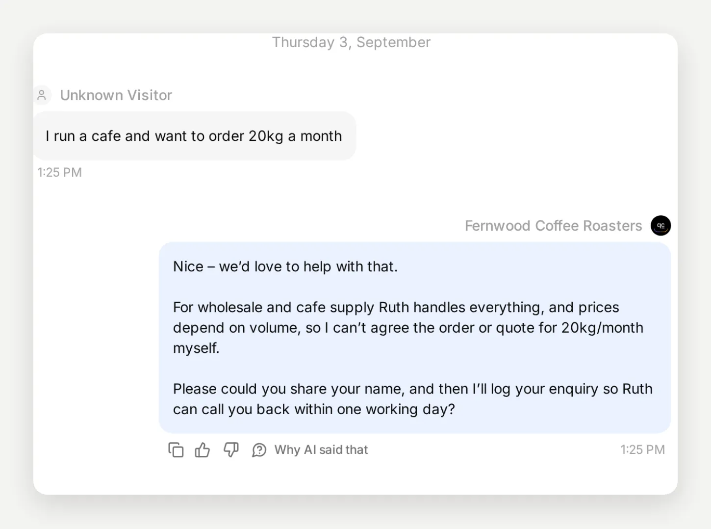 The Quickchat AI Inbox showing the wholesale enquiry and the agent replying that Ruth handles wholesale, that it cannot agree the order or quote itself, and asking for a name so Ruth can call back
