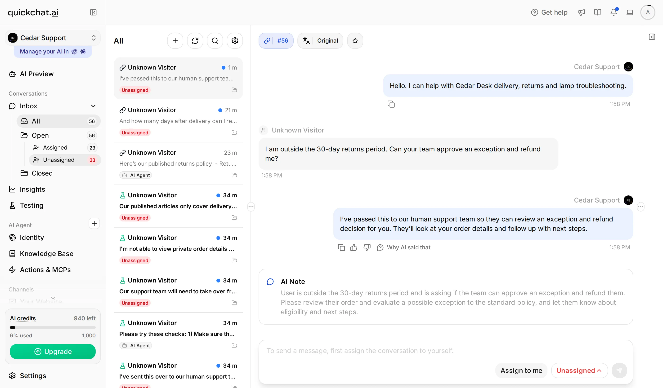 Quickchat AI Inbox showing the refund-exception conversation in the Unassigned queue with its original request
