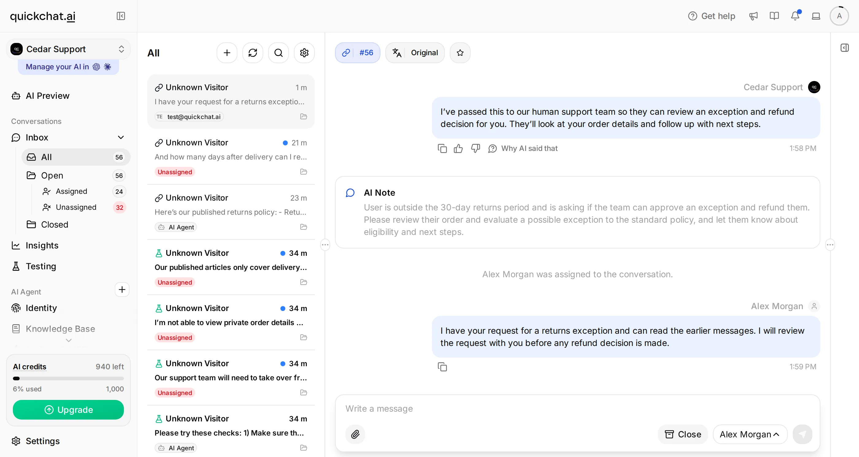 Quickchat AI Inbox with Cedar Support selected and the same conversation open for the support operator