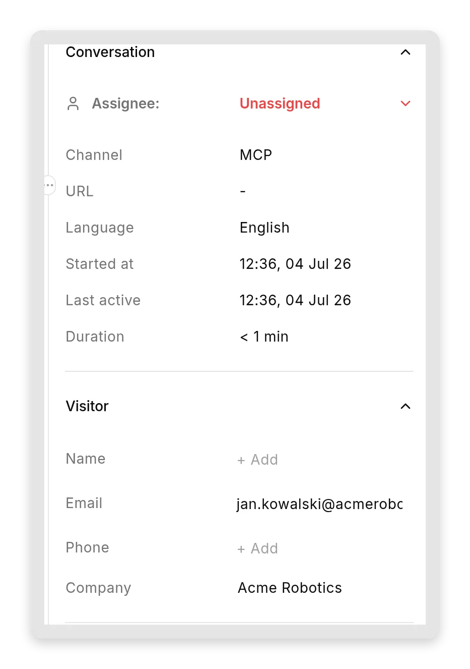 The Visitor section of the Inbox Details pane showing the captured email and the company Acme Robotics