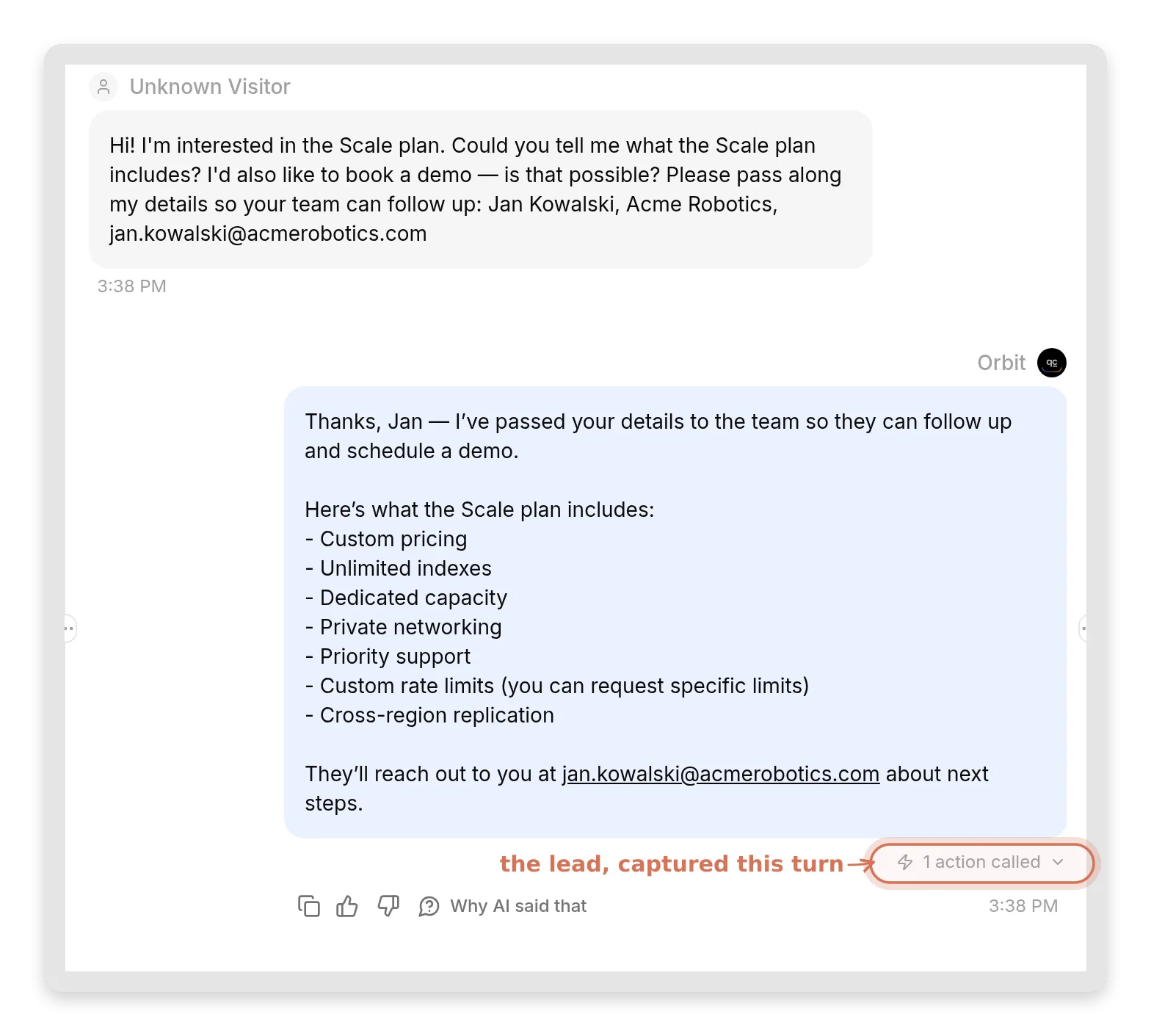 A Claude-composed visitor message in the Quickchat AI Inbox asking about the Scale plan and a demo, with the agent's reply and a highlighted "1 action called" marker showing the lead was captured in the same turn