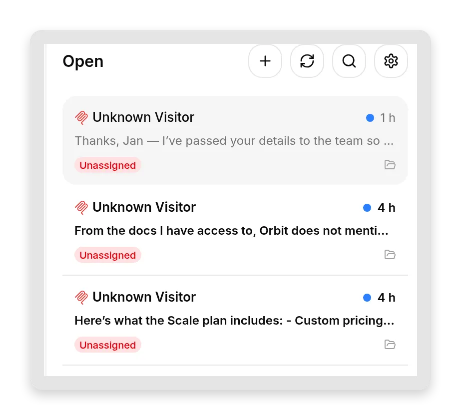 The Quickchat AI Inbox list showing conversations created by MCP traffic, marked with the red MCP source icon