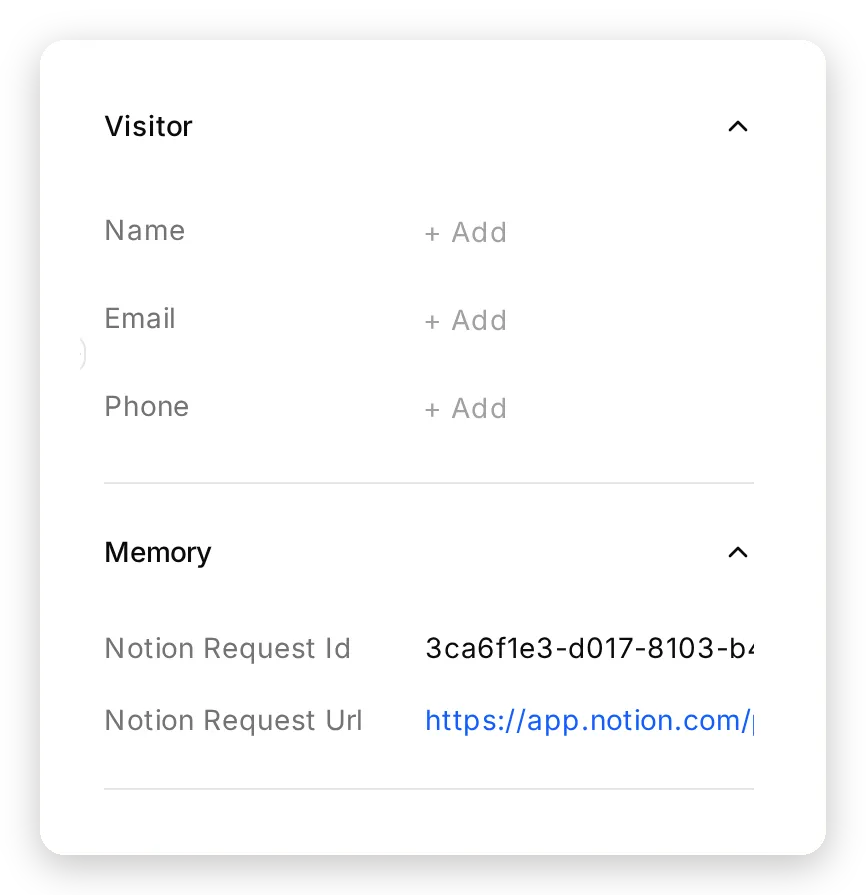 The Memory section of the conversation details panel in the Inbox, listing Notion Request Id and Notion Request Url