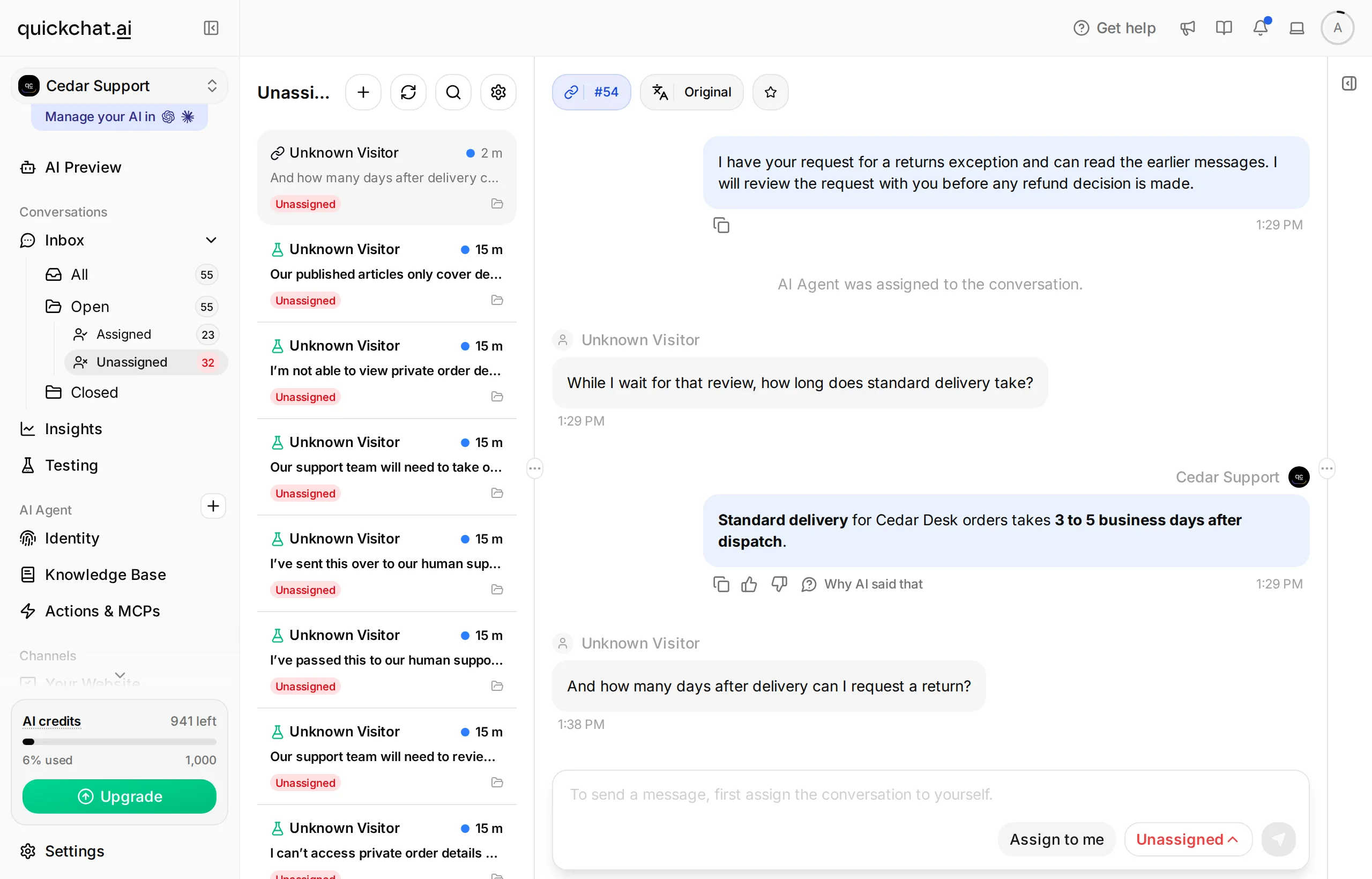 Quickchat AI Inbox with Open and Unassigned navigation visible for monitoring the human queue