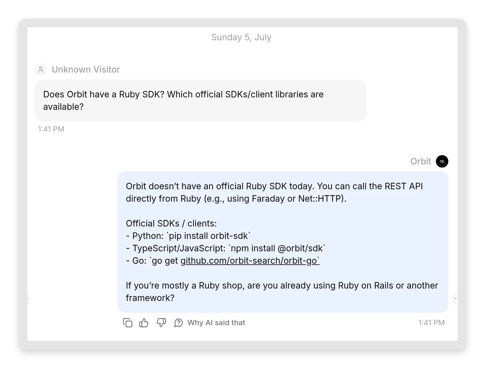 The Quickchat AI Inbox transcript of the Ruby SDK question on the MCP channel, showing the visitor's question and the agent's honest answer that there is no Ruby SDK