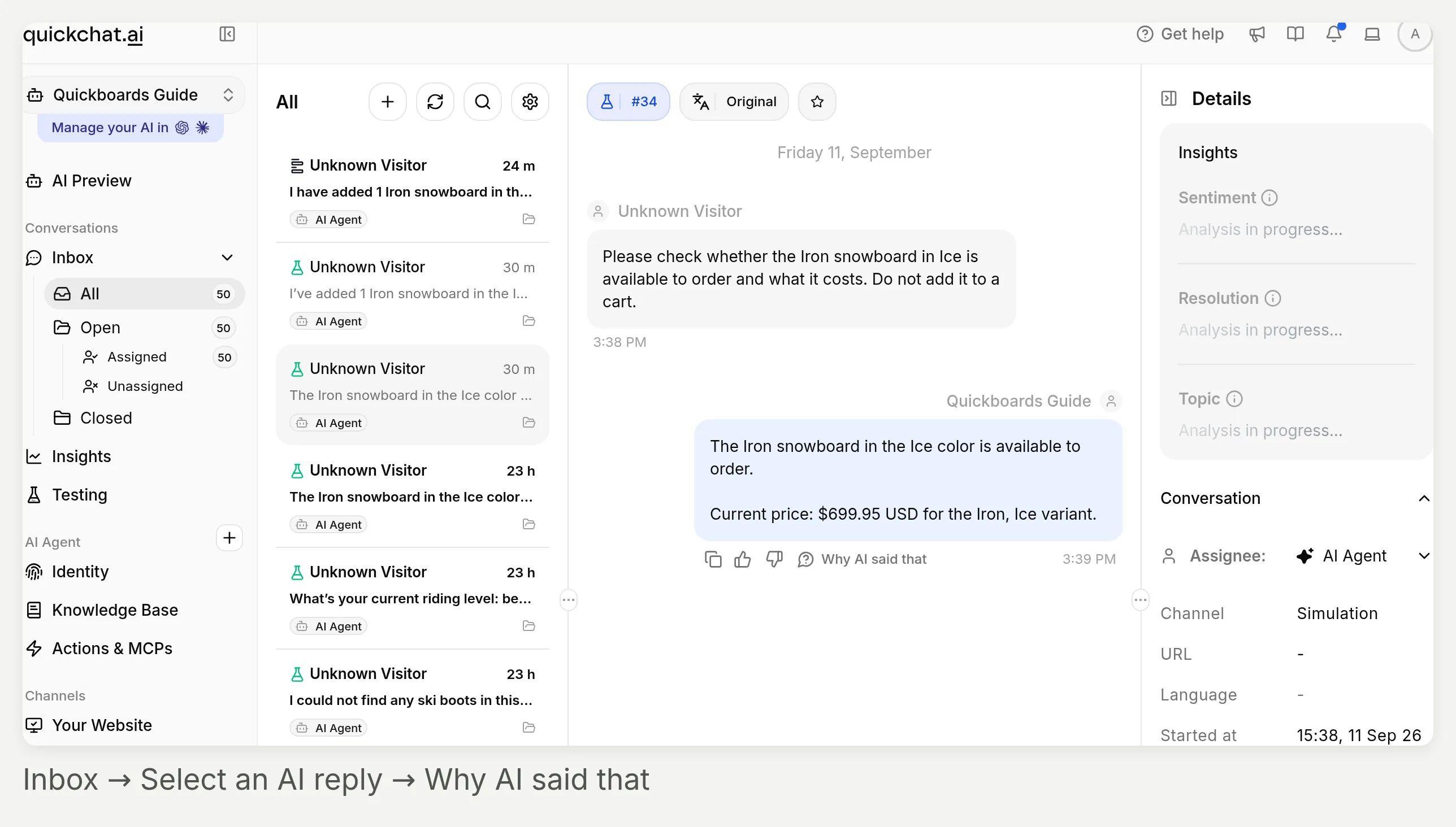 Inbox with an AI reply selected and the Why AI said that control beneath the response