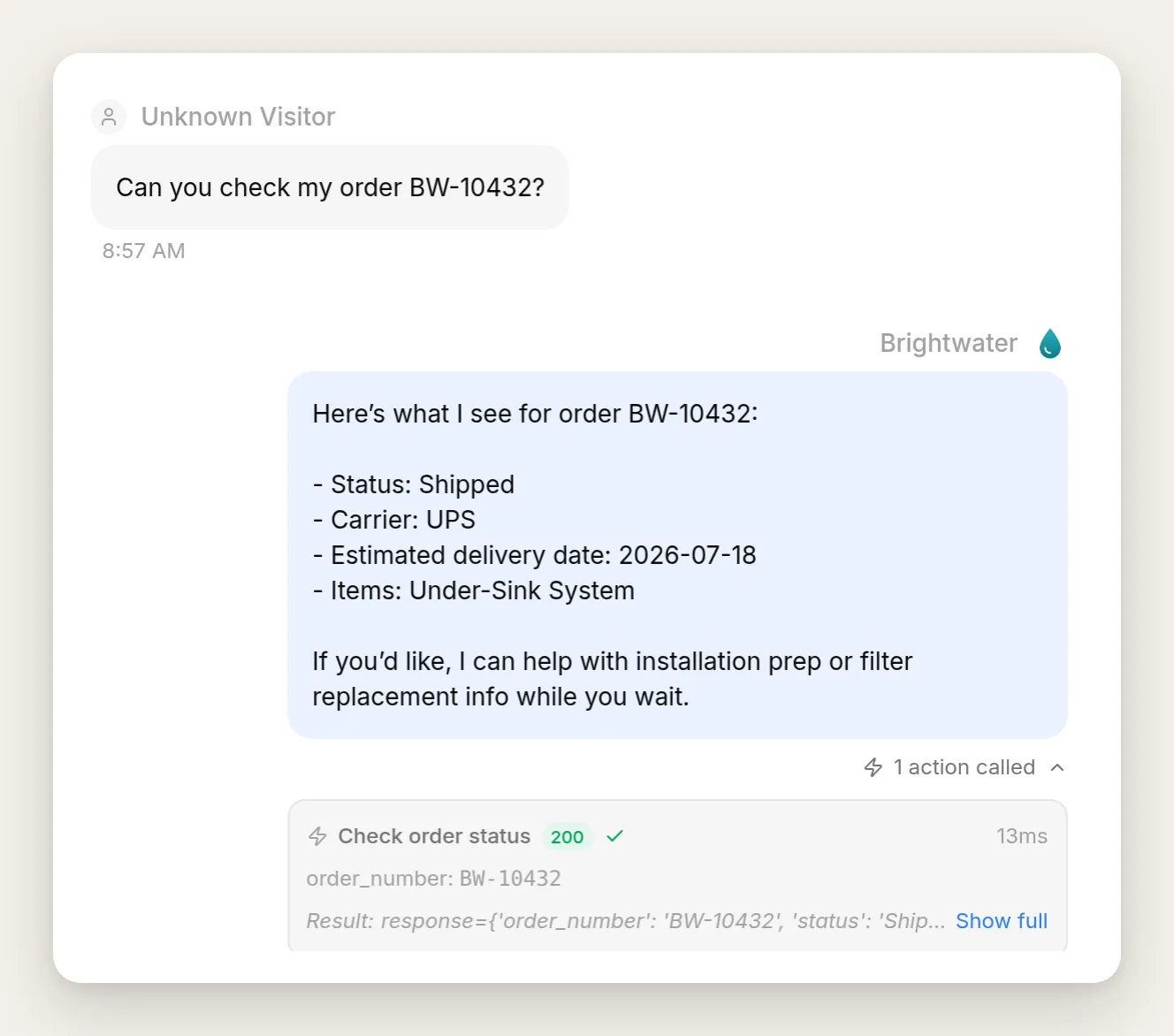 The Inbox view of the order conversation: the visitor asks about order BW-10432, the agent replies with the shipped status, carrier, and delivery date, and the expanded action card shows the Check order status call with a 200 response and the order_number parameter