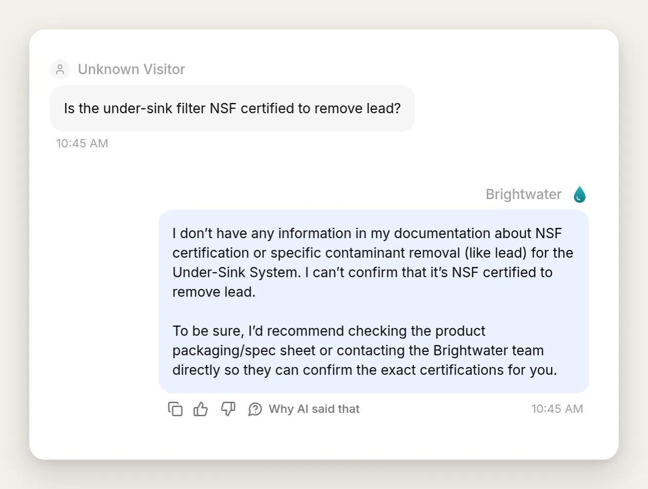 The Inbox view of the certification question: the agent answers that it has no information about NSF certification in its documentation, says it cannot confirm the claim, and recommends contacting the Brightwater team