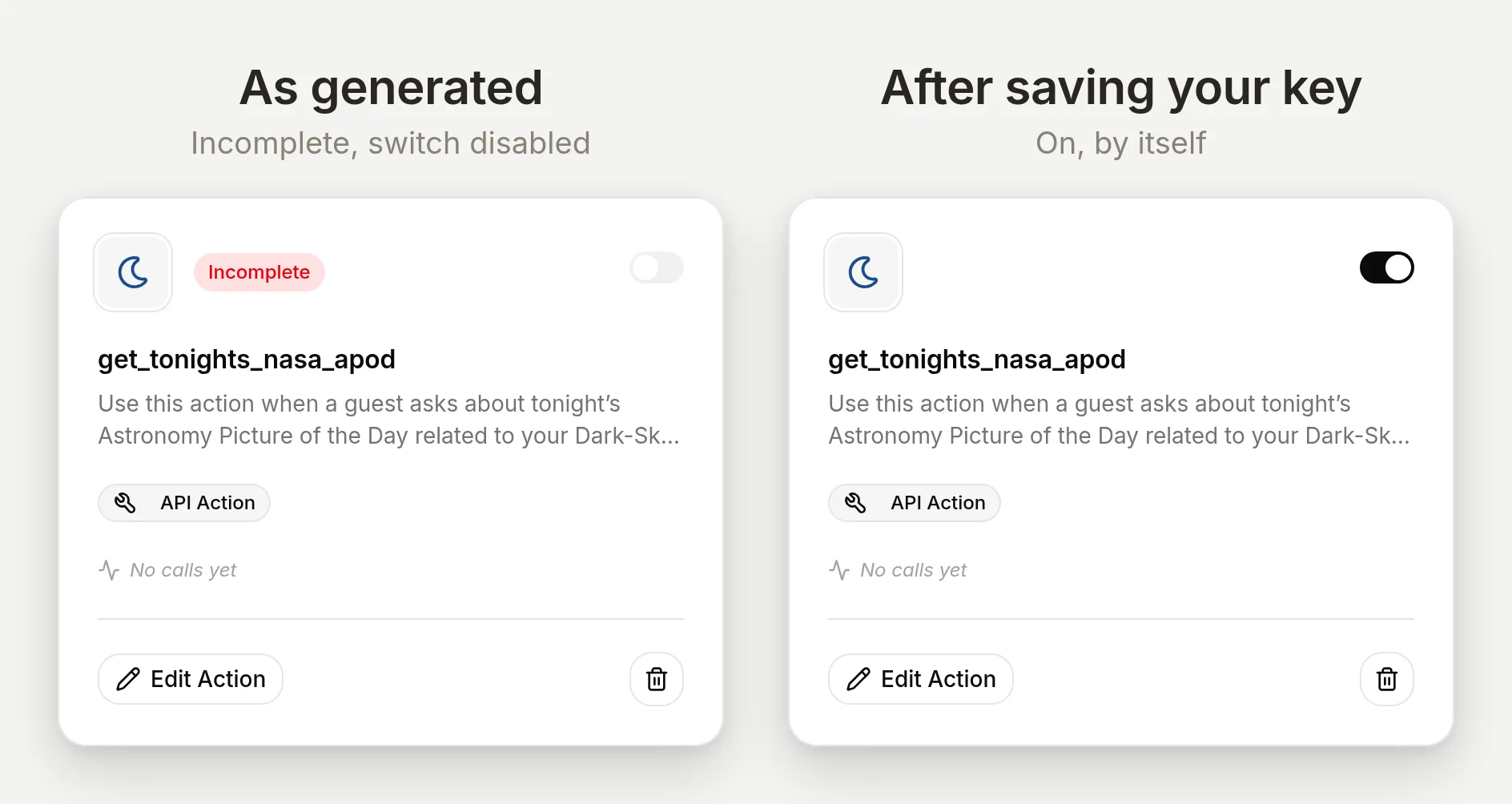 The NASA action card before and after: Incomplete with a disabled switch, then active with the switch on